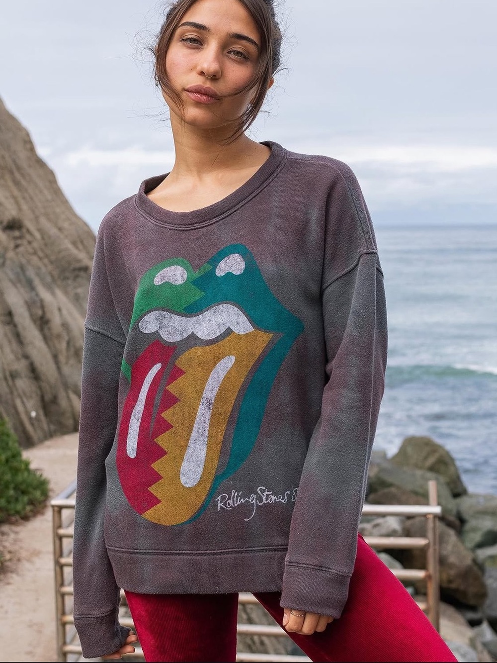 the Rolling Stones Black Crewneck with Distressed White Tour Print